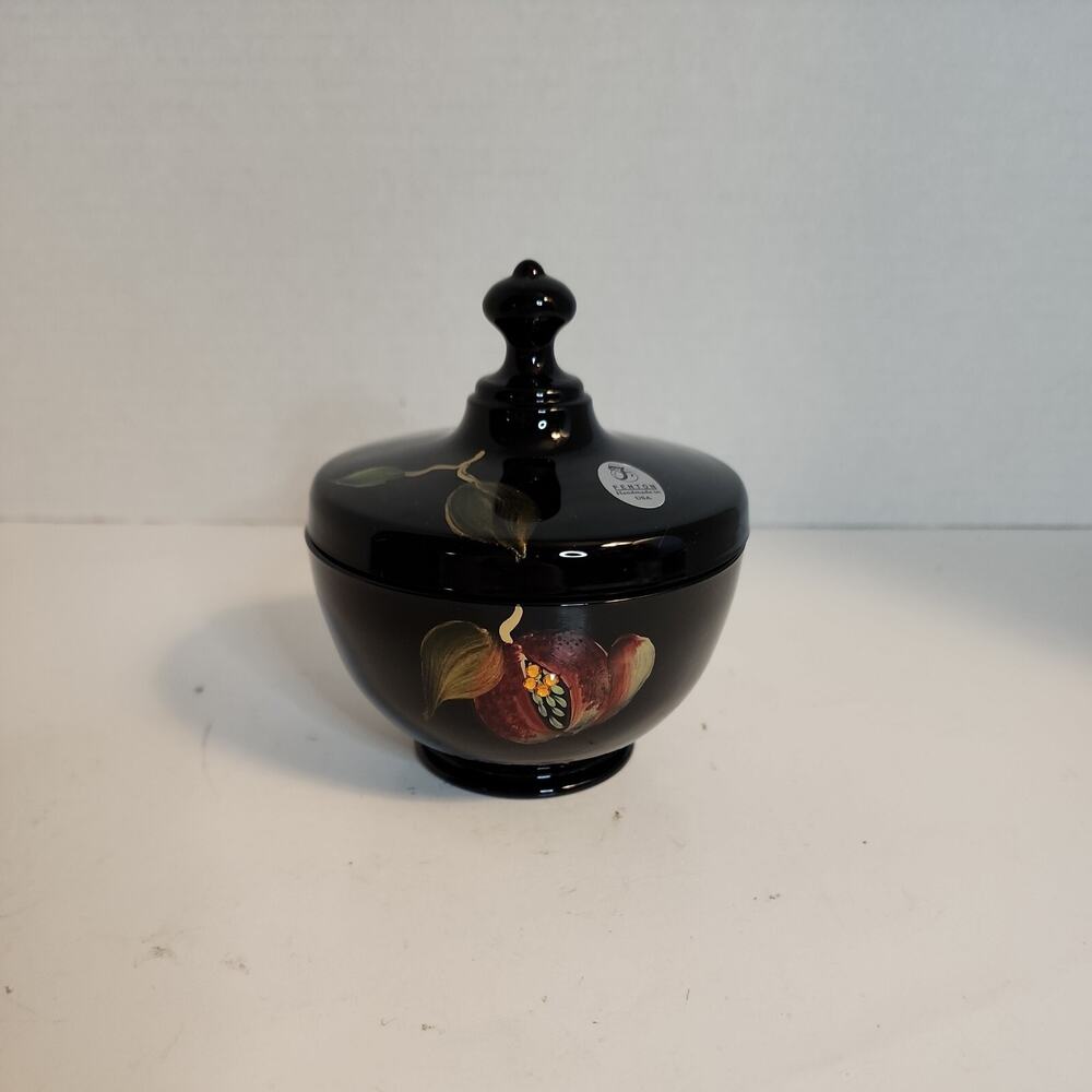 Vtg Fenton Black Glass Handpainted Pomegranate-Lidded Candy Dish-Jeweled-Signed